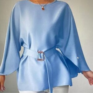 Chic Light Blue Belted Women's Blouse